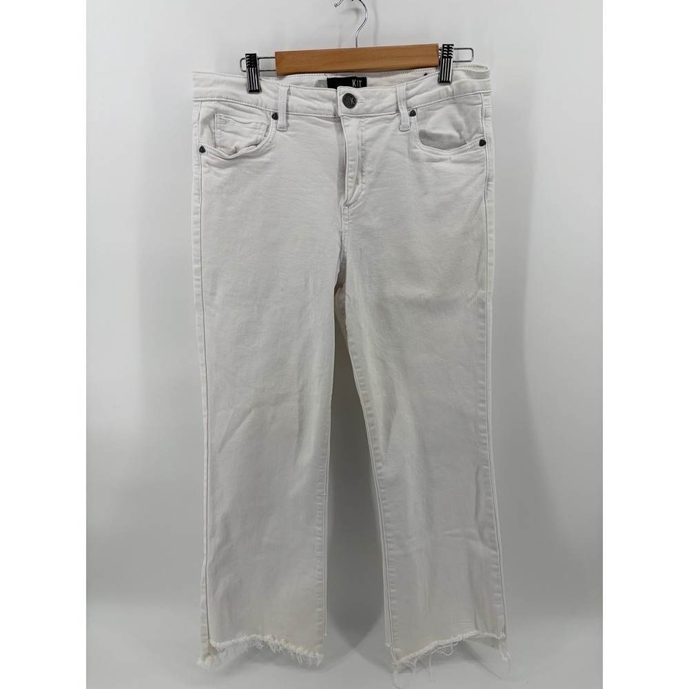 KUT From The Kloth,"Kelsey" High Rise Ankle Flare, White. Raw Hem Jean, Women 14
